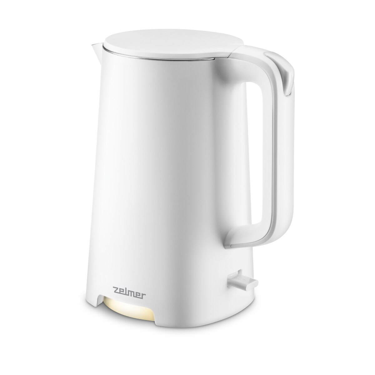 Biały czajnik elektryczny z uchwytem i przyciskiem zasilania.