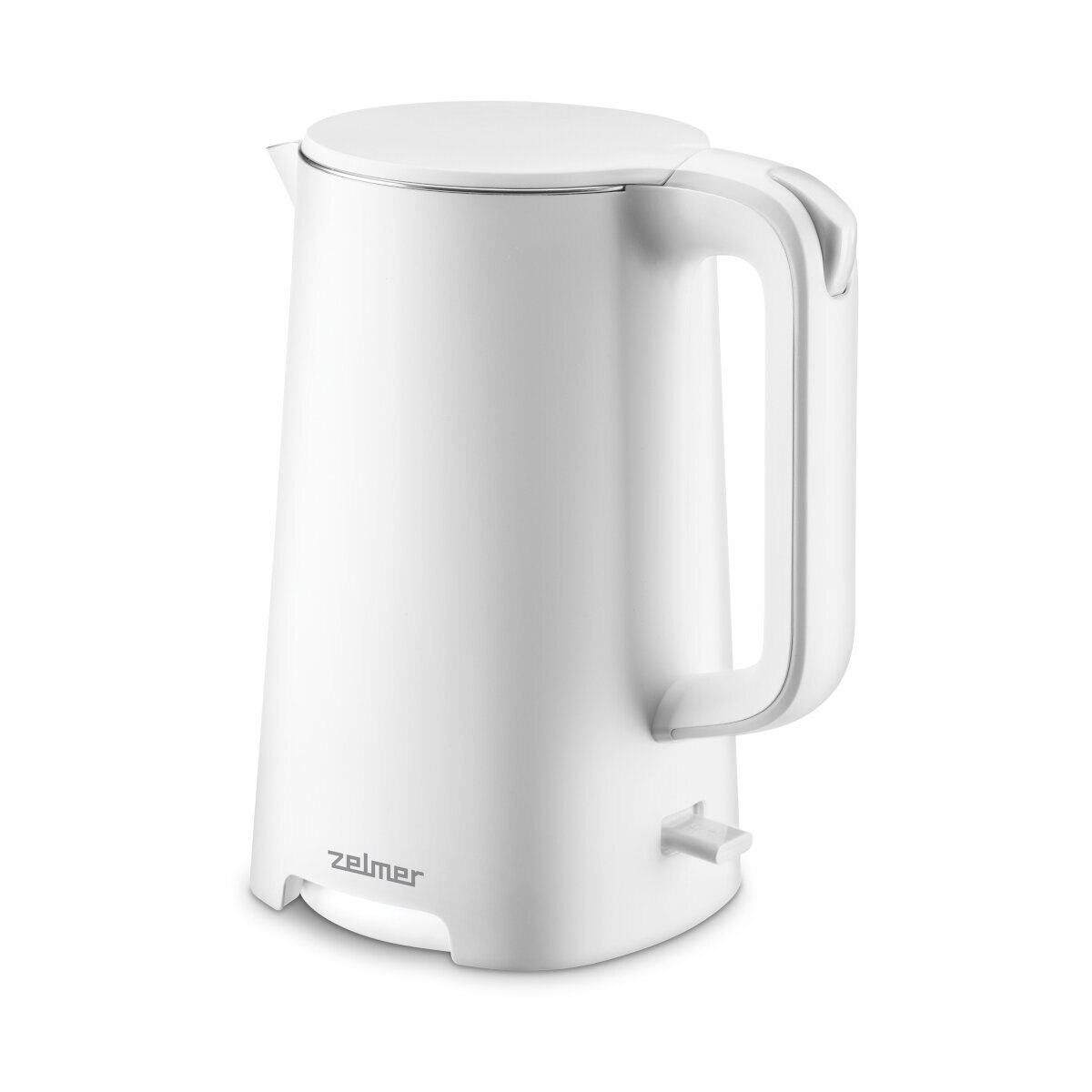 Biały czajnik elektryczny z uchwytem, na białym tle.