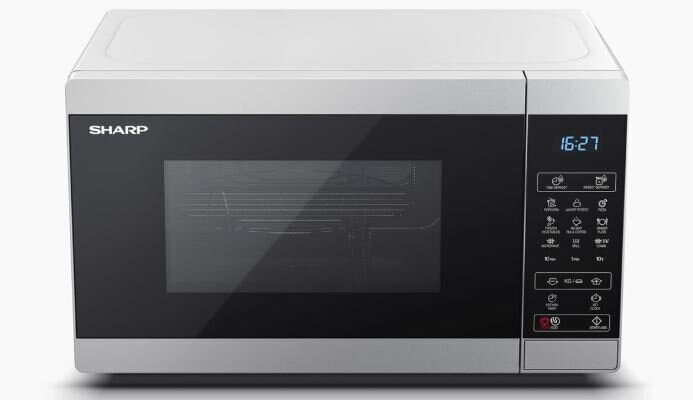 Biała i srebrna kuchenka mikrofalowa. Wyświetlacz cyfrowy pokazuje czas, widoczne są przyciski.