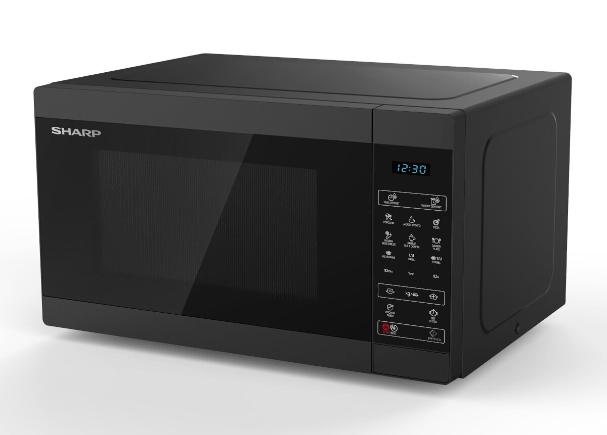 Czarna kuchenka mikrofalowa Sharp z panelem sterowania i wyświetlaczem cyfrowym. Na białej powierzchni.