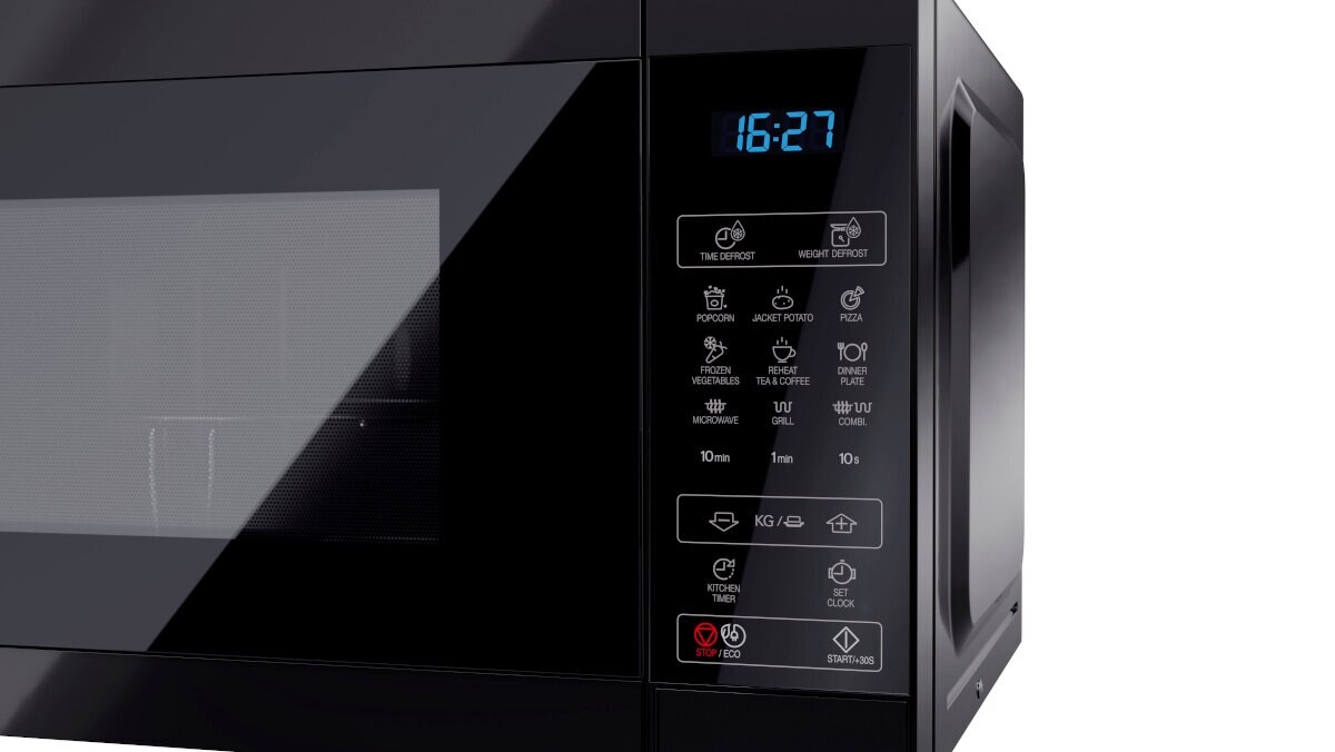 Zbliżenie panelu sterowania kuchenki mikrofalowej z wyświetlaczem cyfrowym.