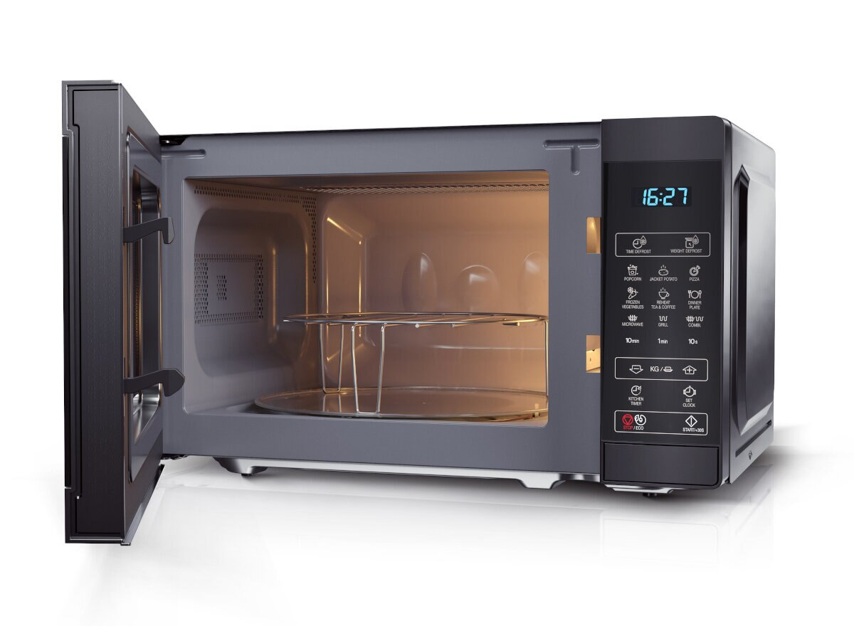 Czarna kuchenka mikrofalowa z otwartymi drzwiami. W środku widoczny metalowy ruszt.