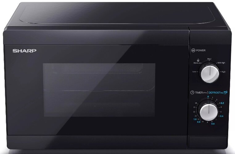 Czarna kuchenka mikrofalowa Sharp. Ma czarne szklane drzwi, pokrętła sterowania i wyświetlacz cyfrowy.
