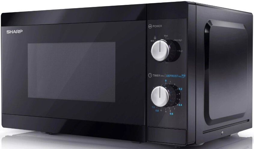 Czarna kuchenka mikrofalowa z pokrętłami. Drzwi są zamknięte.