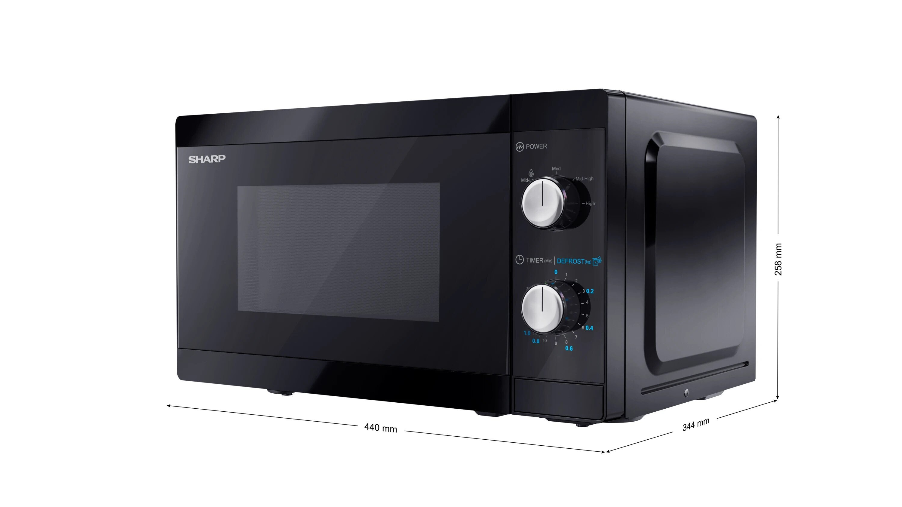 Czarna kuchenka mikrofalowa Sharp. Wymiary: 440 mm szerokości, 344 mm głębokości, 258 mm wysokości.