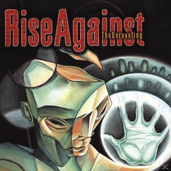 Album borító: Rise Against, The Unraveling. Egy stilizált fej kézzel és szöveggel. Sötét háttér.