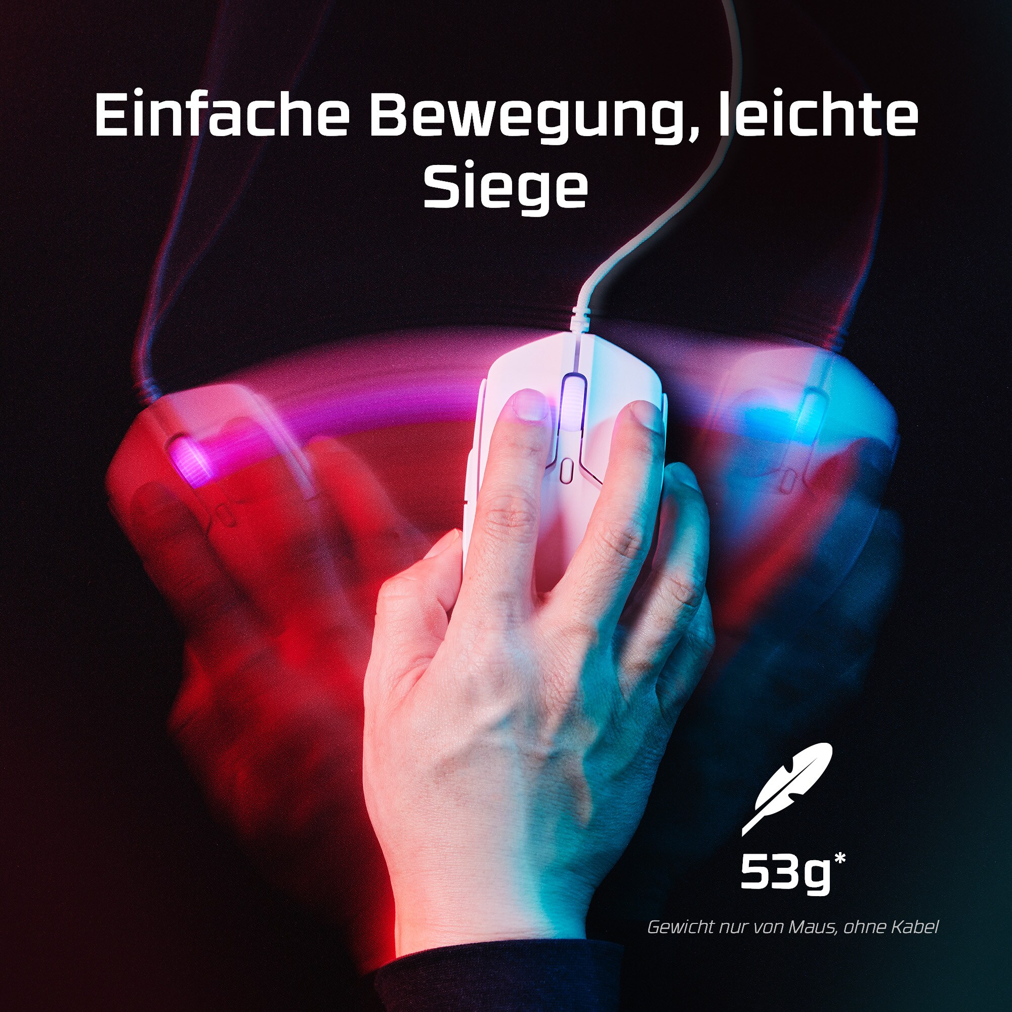 Hand hält weiße Maus. Hintergrund zeigt Bewegungspfade.