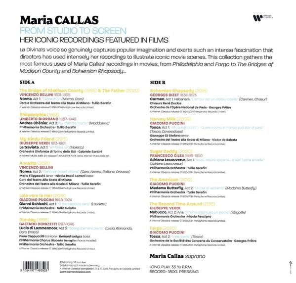 Maria Callas Albumcover. Schwarzer Text auf weißem Hintergrund, der ihre Aufnahmen auflistet.
