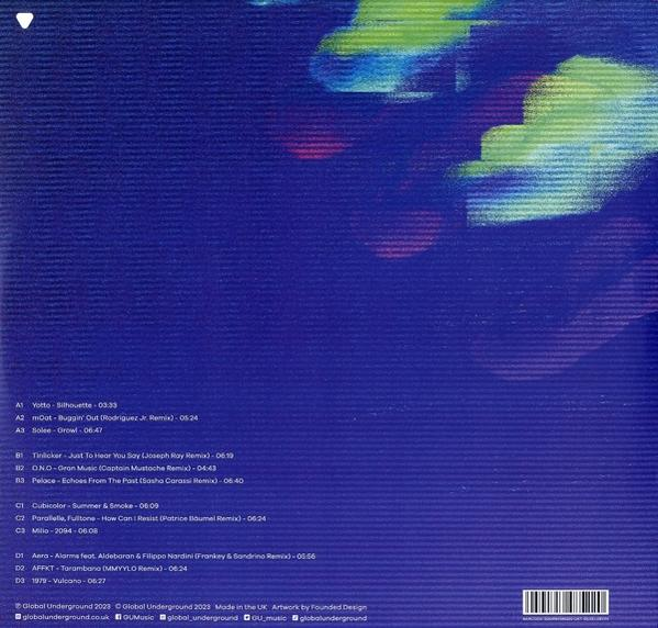Ein blaues Albumcover mit Text. Titelliste links und Informationen unten.