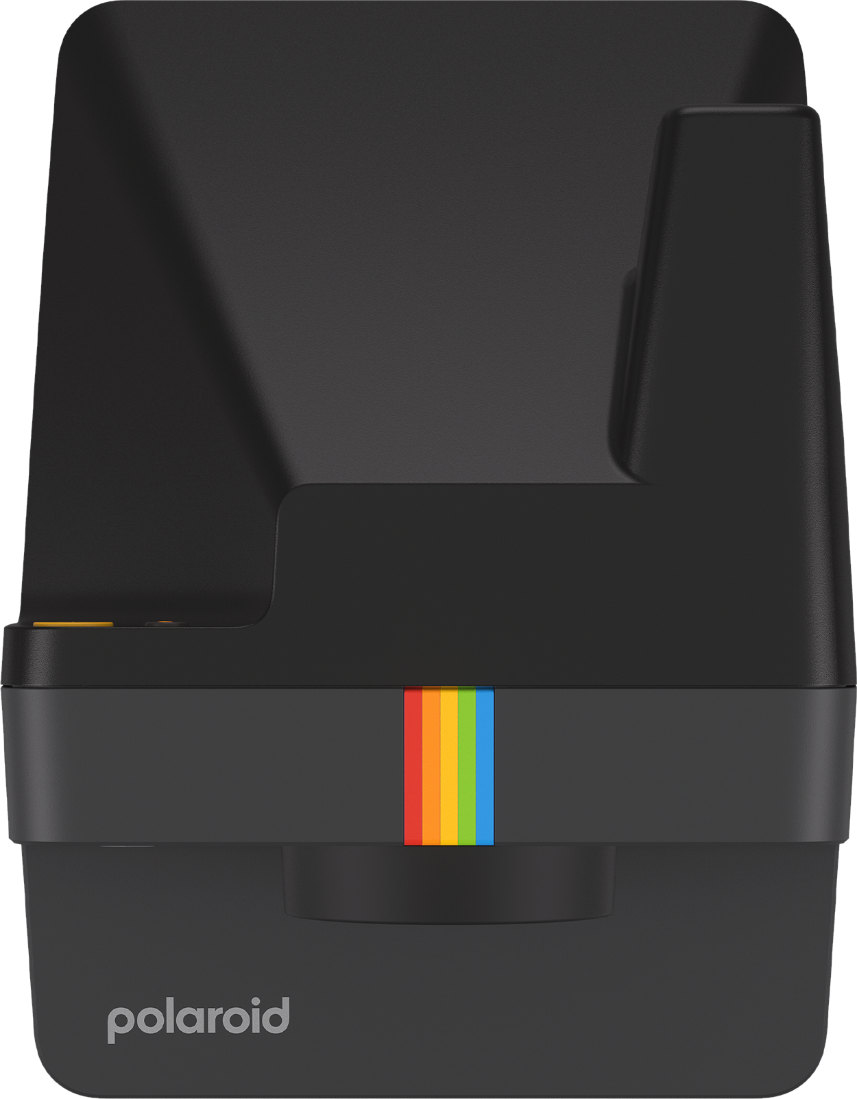 Eine schwarze Polaroid-Kamera mit einem Regenbogenstreifen auf der Vorderseite.