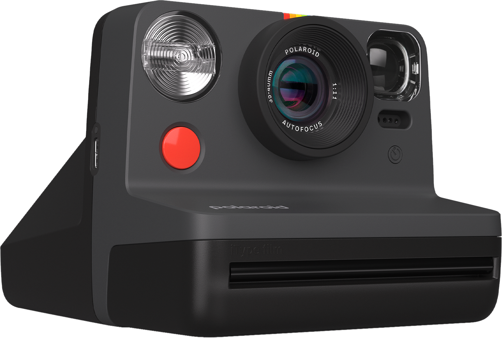 Polaroid-Kamera, schwarz, mit rotem Knopf und Blitz. Sie hat das Polaroid-Logo und einen Regenbogenstreifen.