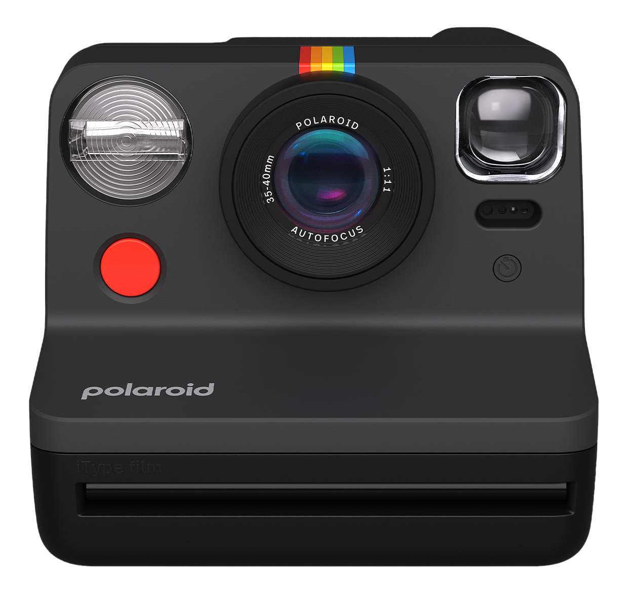 Schwarze Polaroid Kamera mit Regenbogenstreifen. Roter Knopf und Objektiv sichtbar.