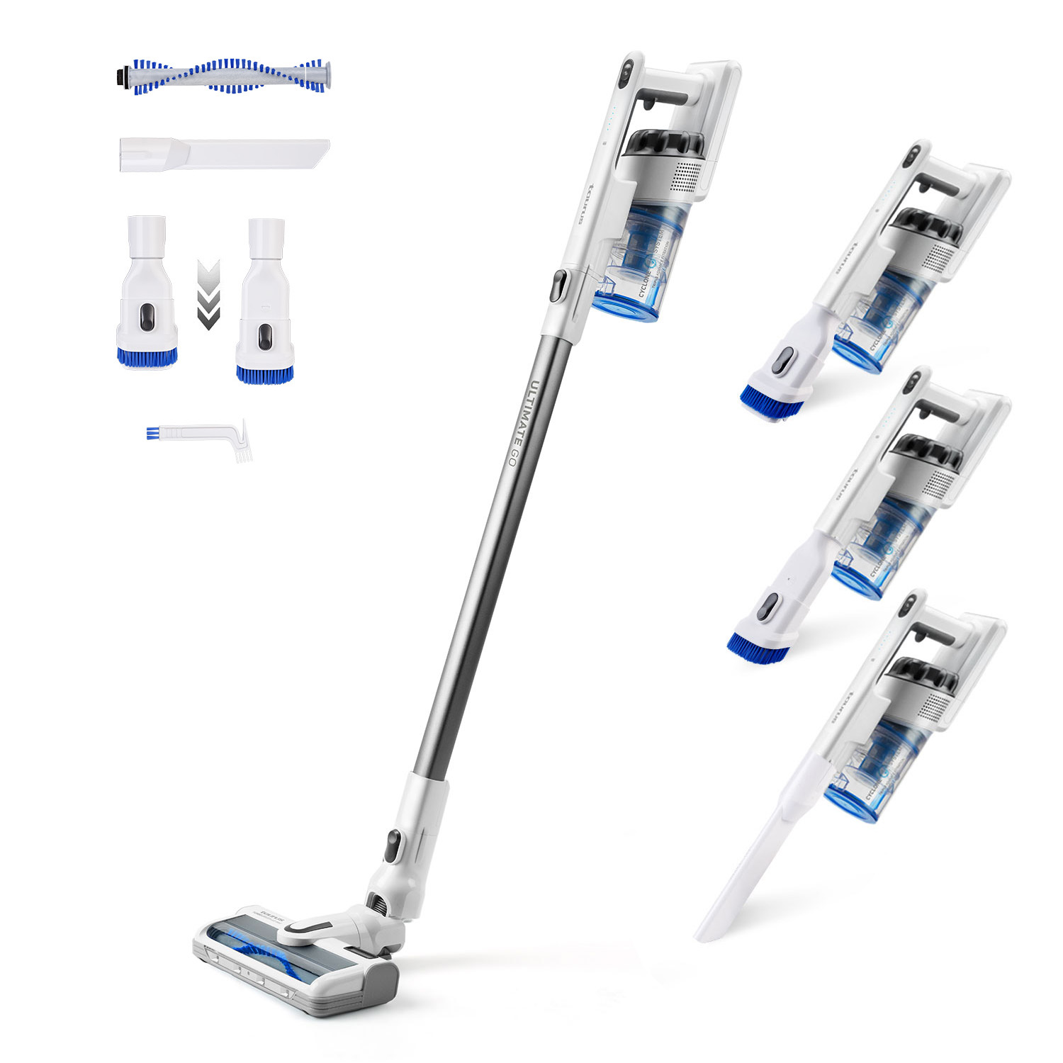 Aspiradora inalámbrica y accesorios. Mostrado en múltiples ángulos y partes.