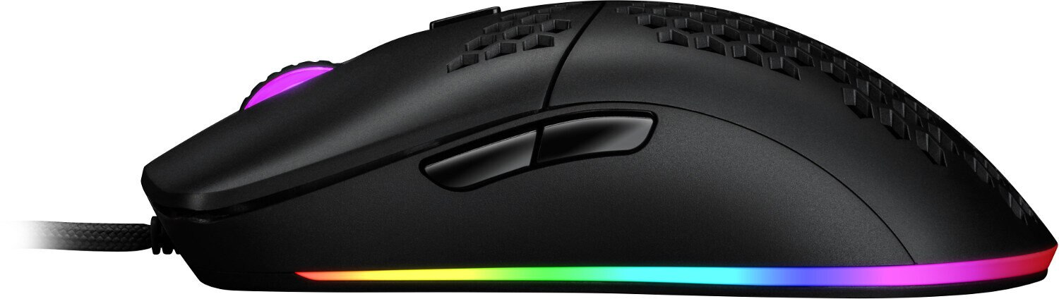 Czarna mysz gamingowa z wzorem plastra miodu, przyciskami bocznymi i kolorowymi światłami RGB.