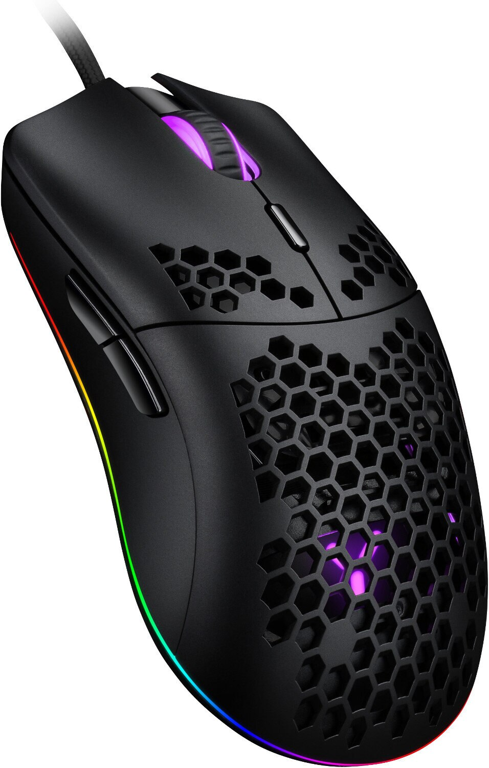 Czarna mysz do gier z konstrukcją plastra miodu i oświetleniem RGB.