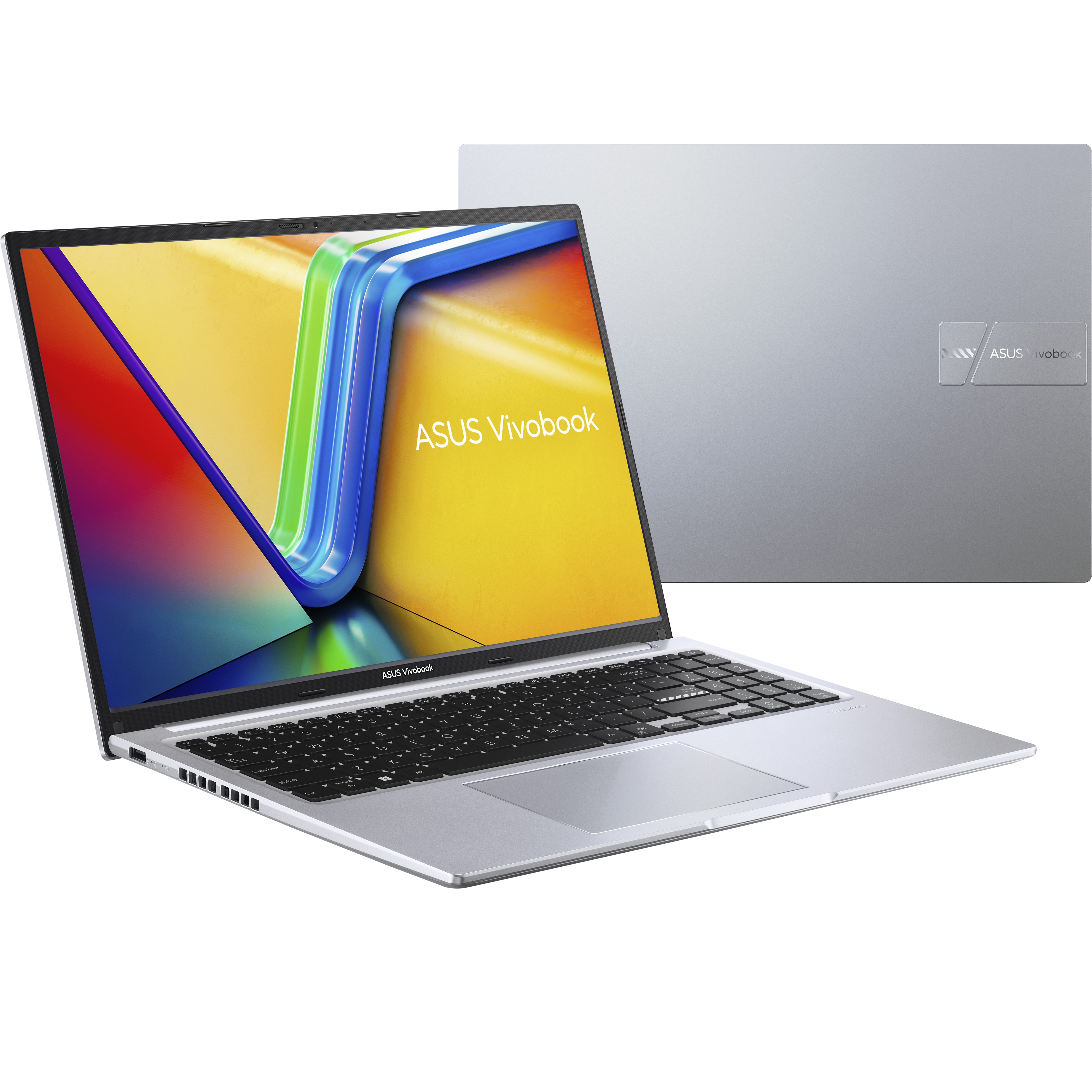 Portátil ASUS Vivobook plateado, abierto, muestra la pantalla, con otro portátil al fondo.