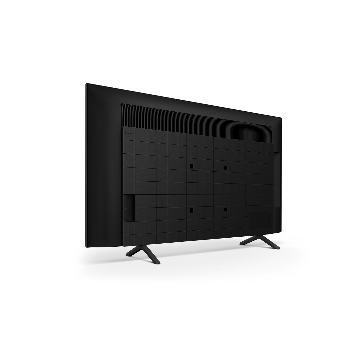 Achterkant van een zwarte Sony TV op een witte achtergrond. Poten zichtbaar.