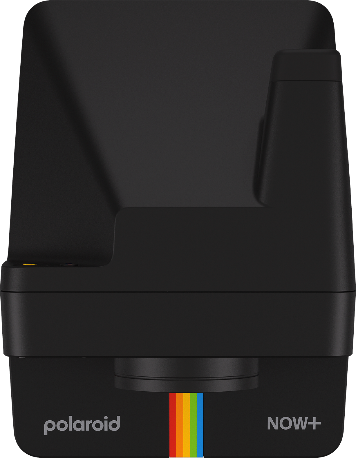 Appareil photo Polaroid Now+ noir. Rayure arc-en-ciel sur l'objectif. Fond noir, design épuré.