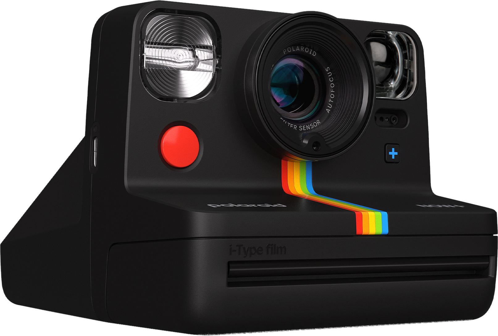 Un appareil photo Polaroid noir avec une bande arc-en-ciel et la fente pour film i-Type visible.