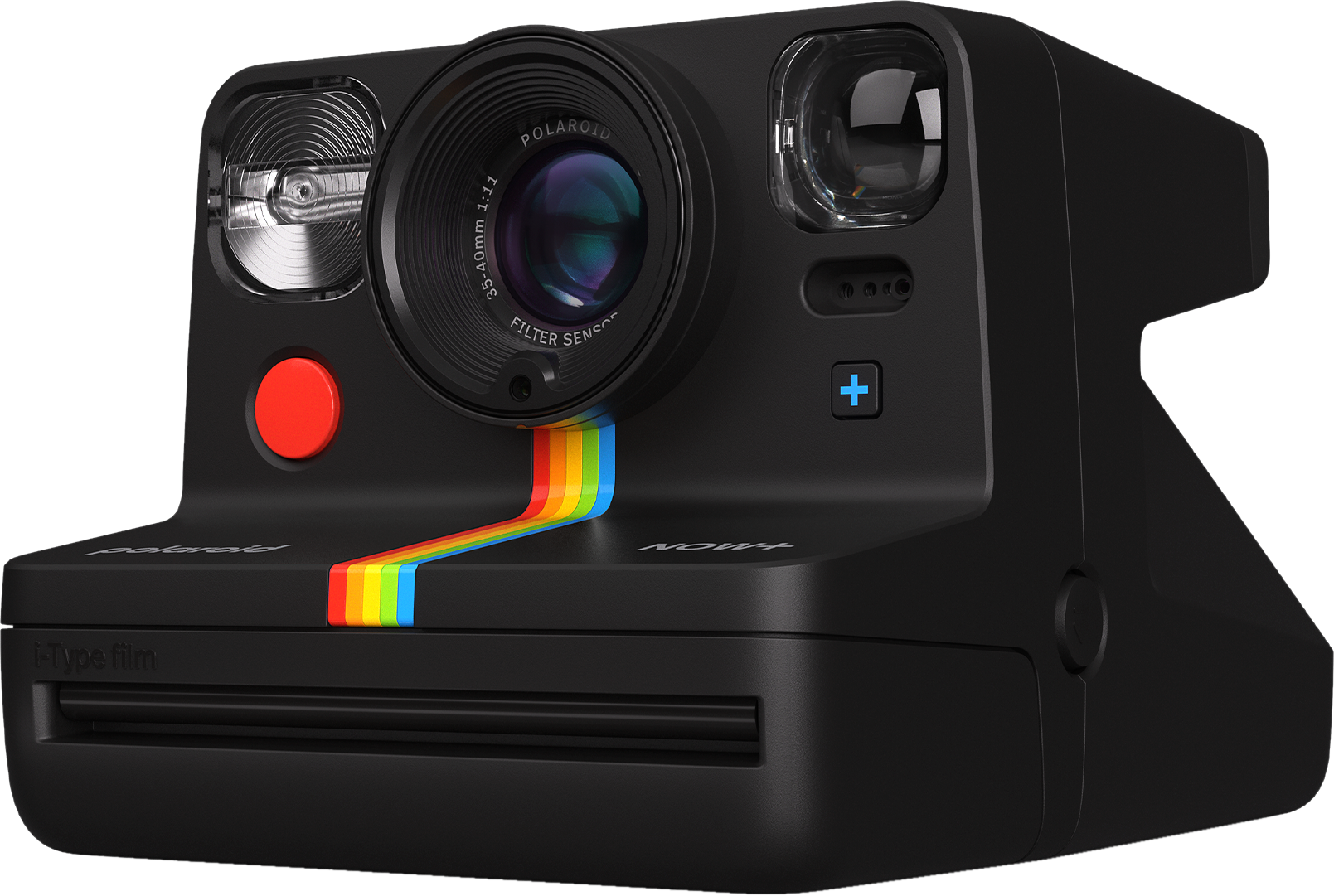 Appareil photo Polaroid Now noir avec bande arc-en-ciel et bouton rouge.