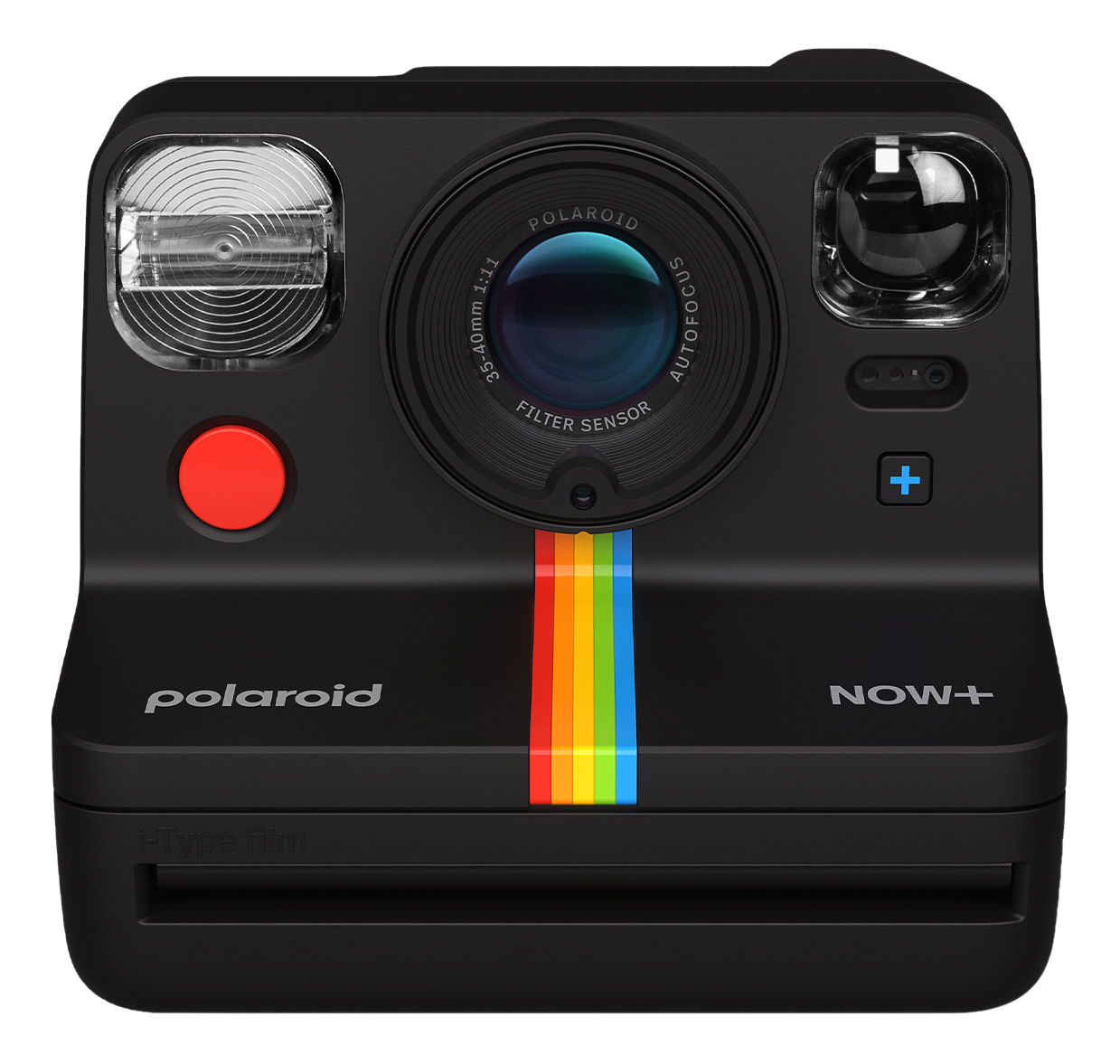 Appareil photo Polaroid Now+ noir avec bande arc-en-ciel et grand objectif.
