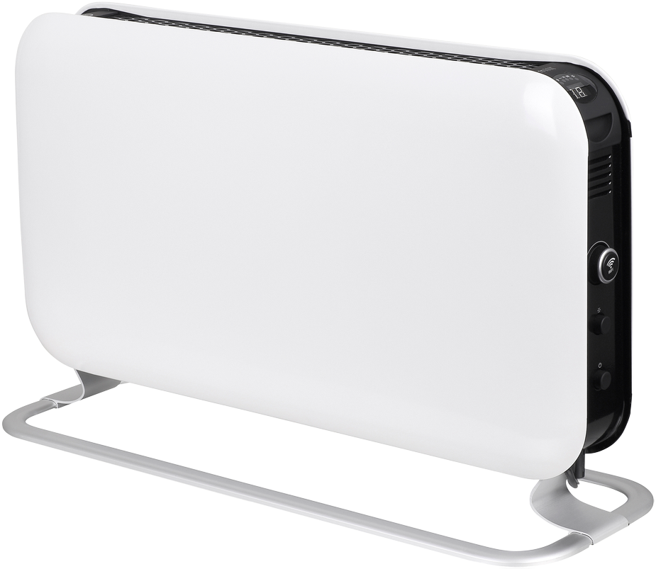 Un termoventilatore elettrico bianco e nero con display digitale e design curvo.
