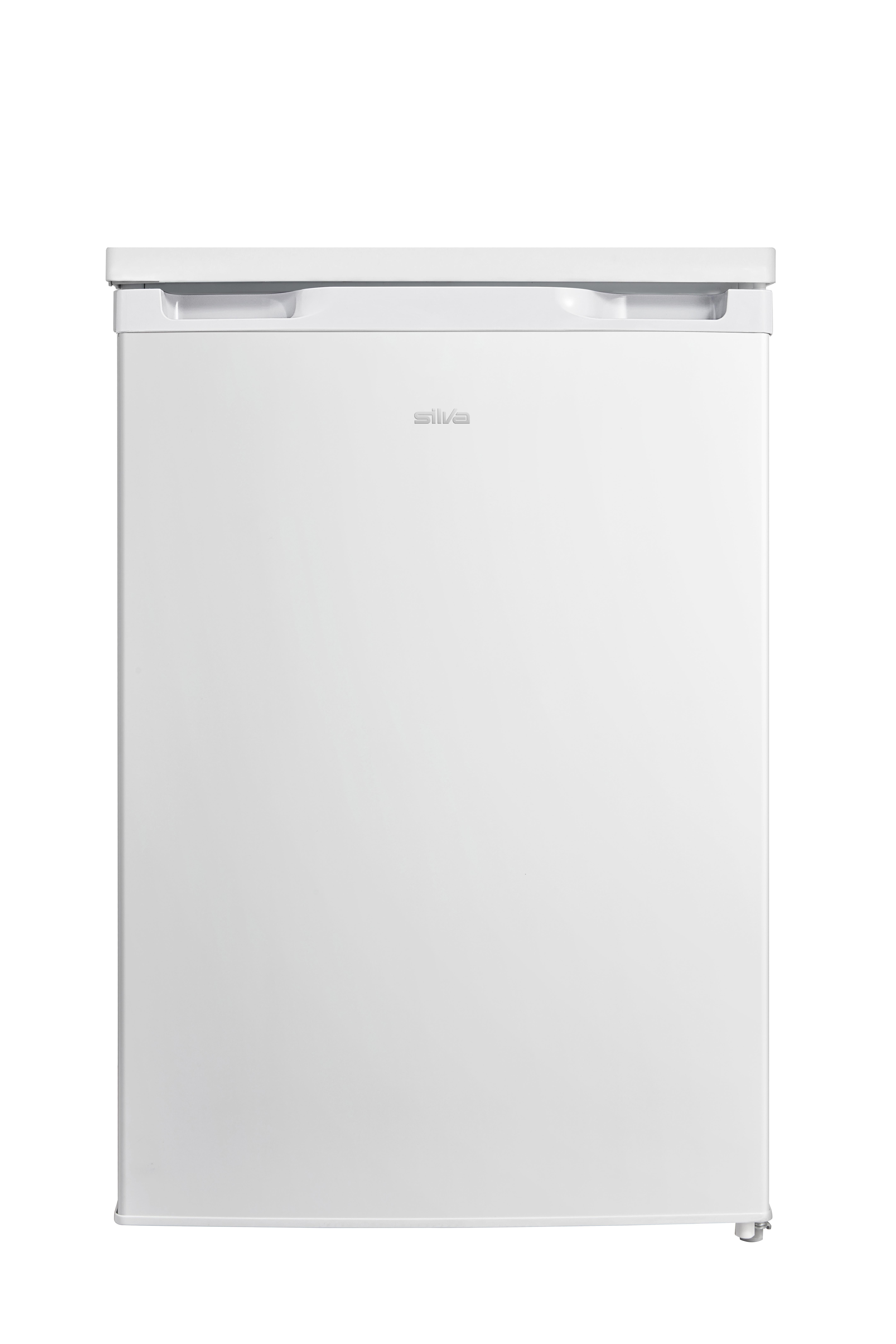Weißer Kühlschrank mit silbernem Griff und Markennamen.