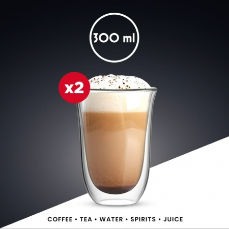 Két pohár kávé tejjel és habbal a tetején. Felül egy 300 ml-es kör van.