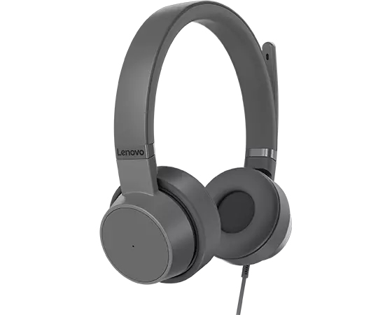 Auriculares Lenovo grises con micrófono, que muestran auriculares y diadema.