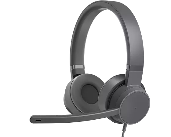 Un auricular gris con micrófono. El auricular es supraaural y tiene un brazo de micrófono flexible.