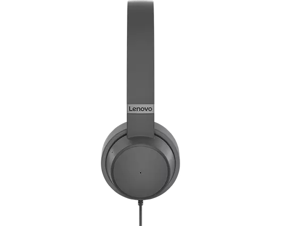 Auriculares Lenovo grises, vistos de frente, con el logotipo de Lenovo visible.