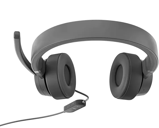 Un auricular gris con micrófono, con dos auriculares y un panel de control en el cable.