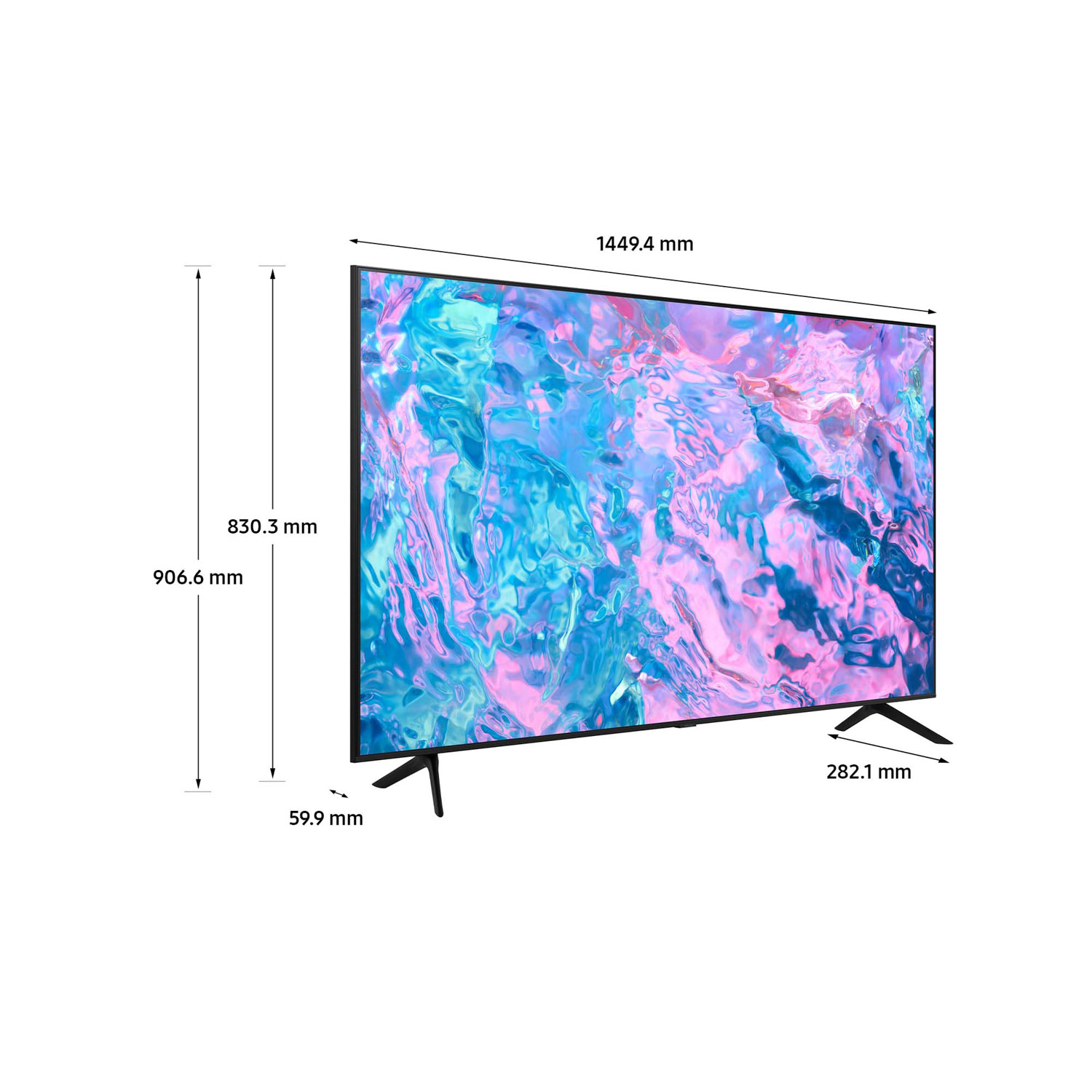 Grande TV con dimensioni etichettate. Mostra un'immagine astratta colorata sullo schermo.