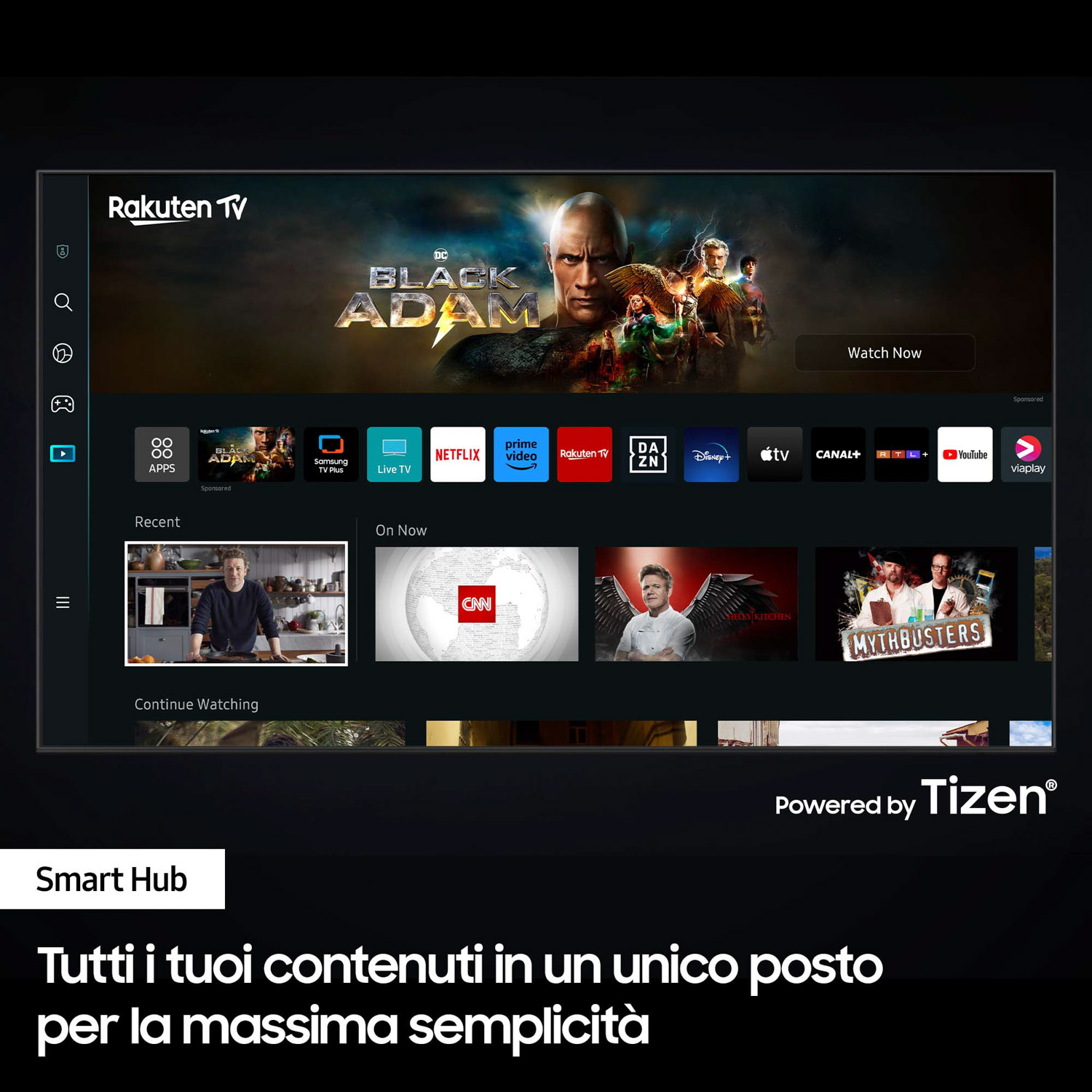 Uno schermo TV intelligente che mostra un film e app, con una cornice nera.