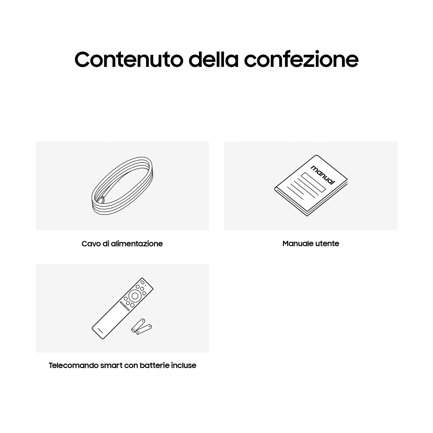 Illustrazioni di un cavo di alimentazione, un manuale utente e un telecomando con batterie, su sfondo bianco.