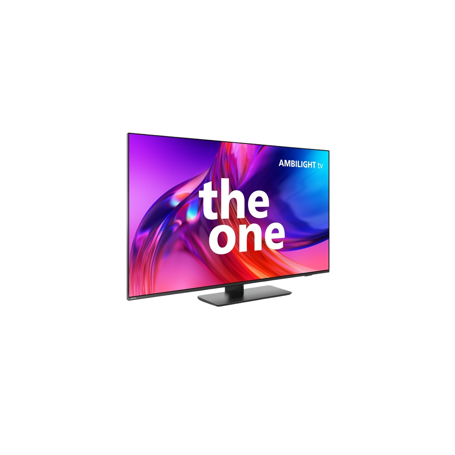 Een zwarte tv met een kleurrijk scherm met de tekst 'the one'.