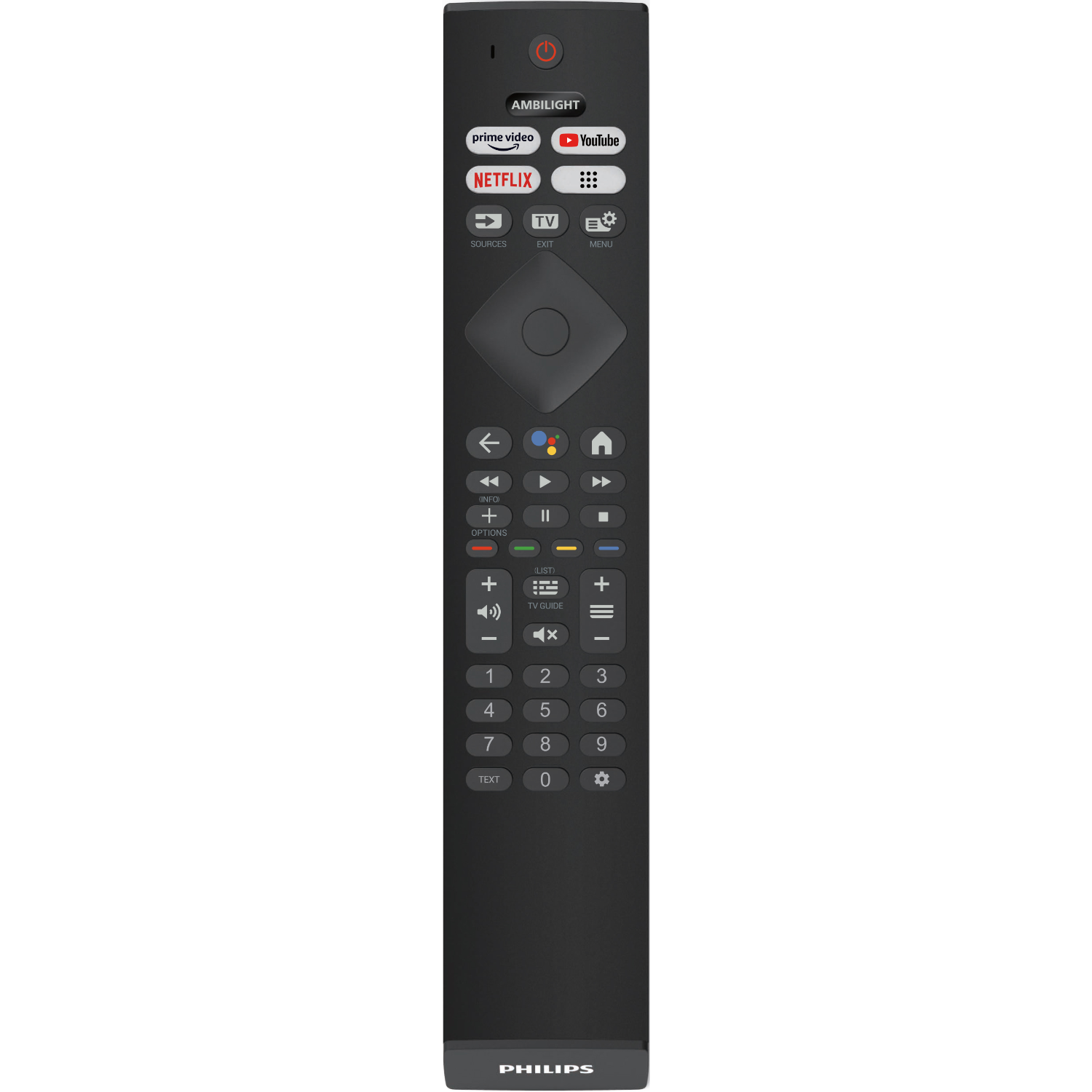 Zwarte afstandsbediening. Inclusief knoppen voor streamingdiensten en tv-opties.