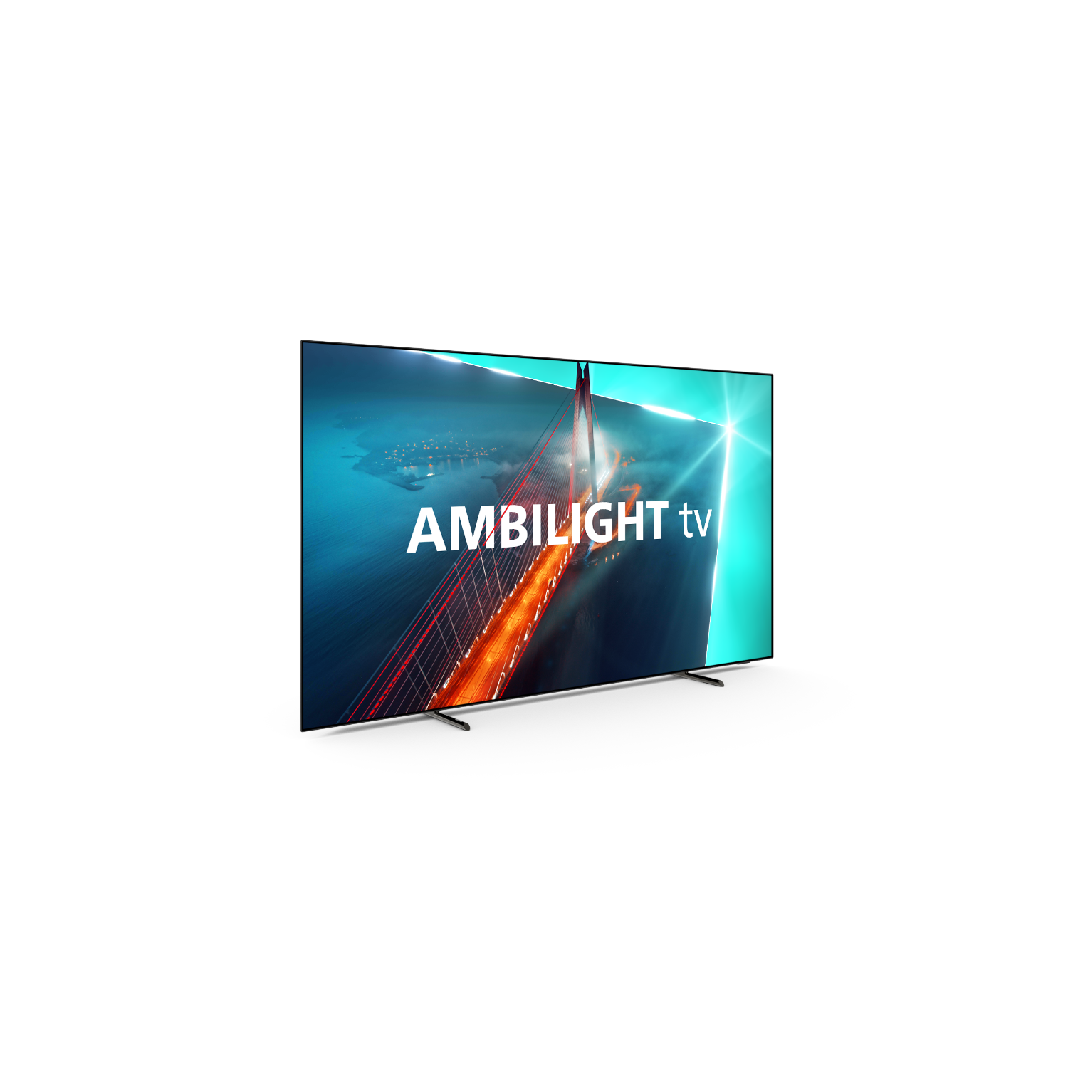 Een groot tv-scherm met een kleurrijk stadsbeeld, met de woorden AMBILIGHT tv.