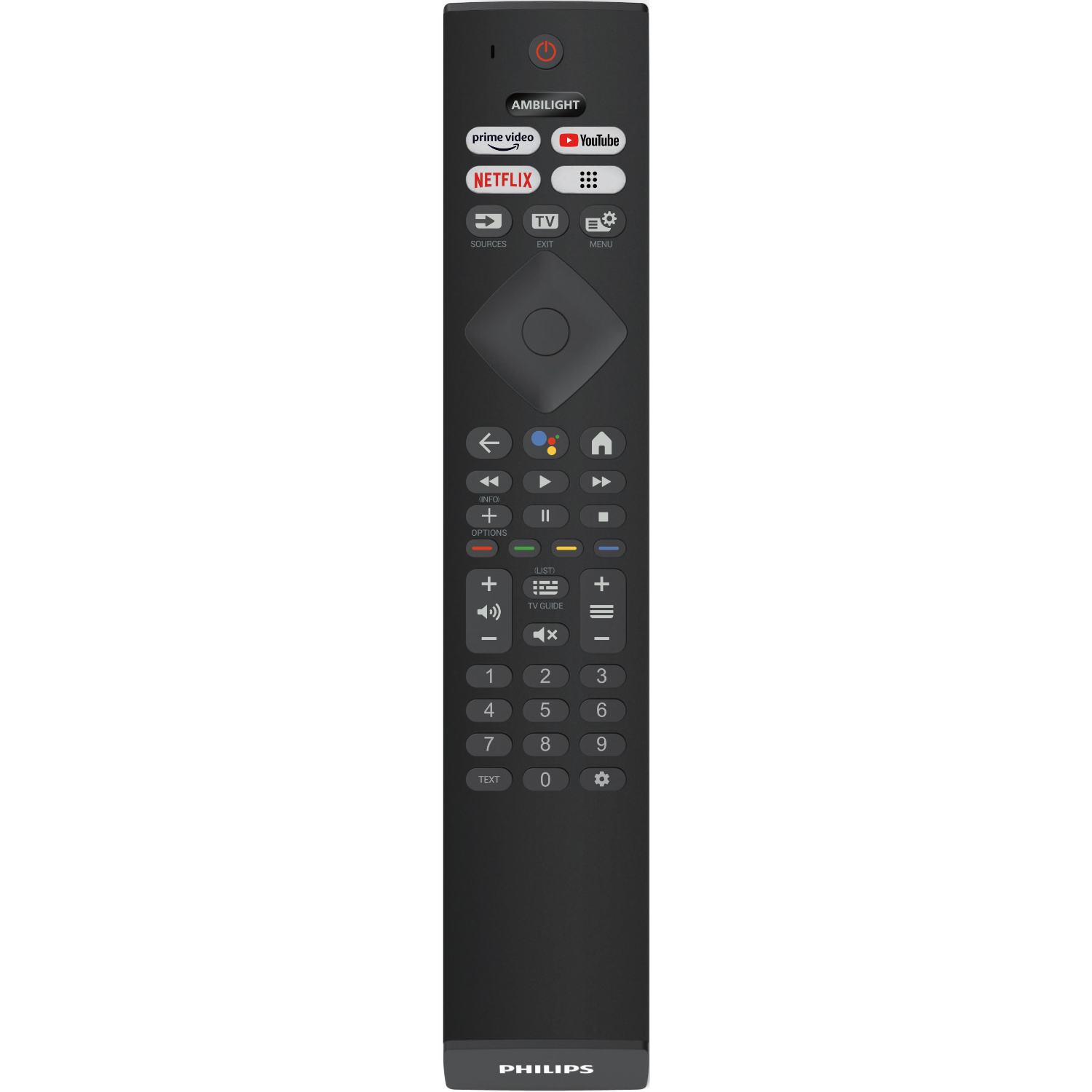 Een Philips tv-afstandsbediening met diverse knoppen voor verschillende functies.