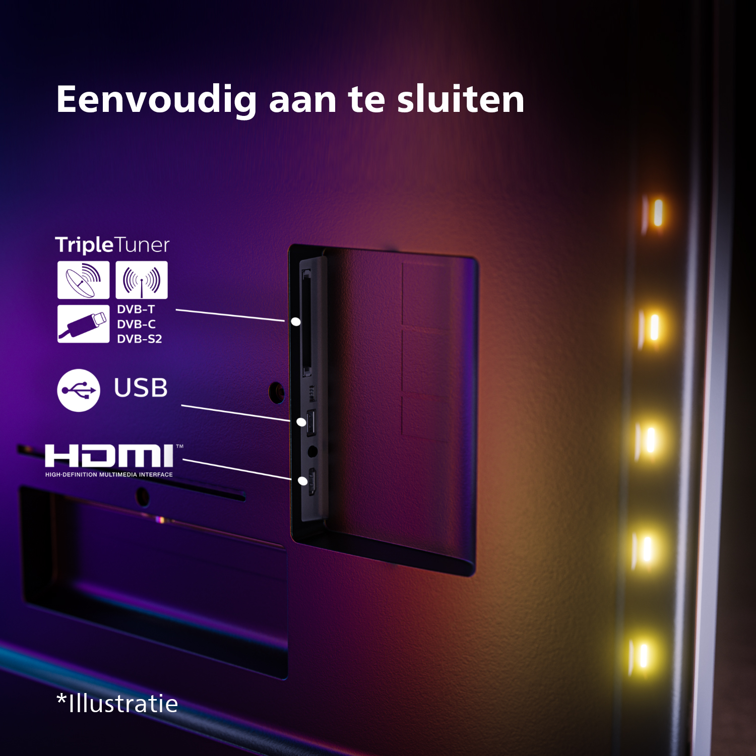 Een tv met een zwart frame. Close-up van het achterpaneel met poorten en labels. "Triple Tuner", "USB" en "HDMI" zijn zichtbaar.