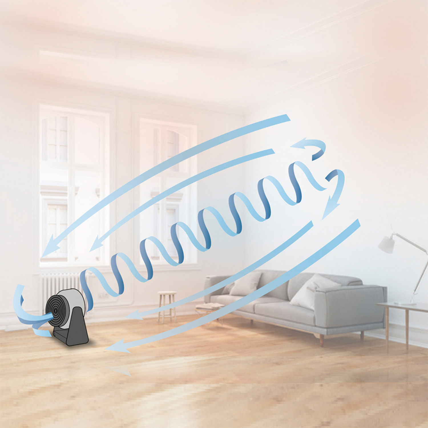 Ventilatore con linee di flusso d'aria blu. Il ventilatore è in una stanza.