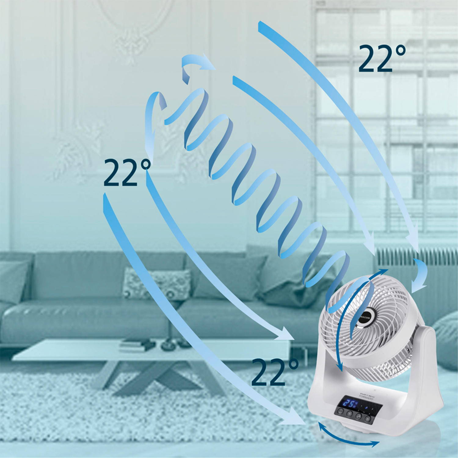 Ventilatore bianco con linee di flusso d'aria blu, in un soggiorno con divano.