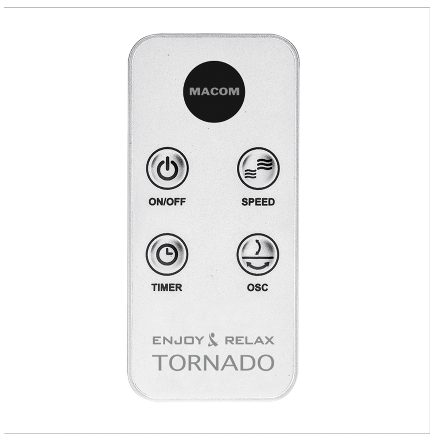 Un telecomando bianco con pulsanti etichettati ON/OFF, SPEED, TIMER e OSC.