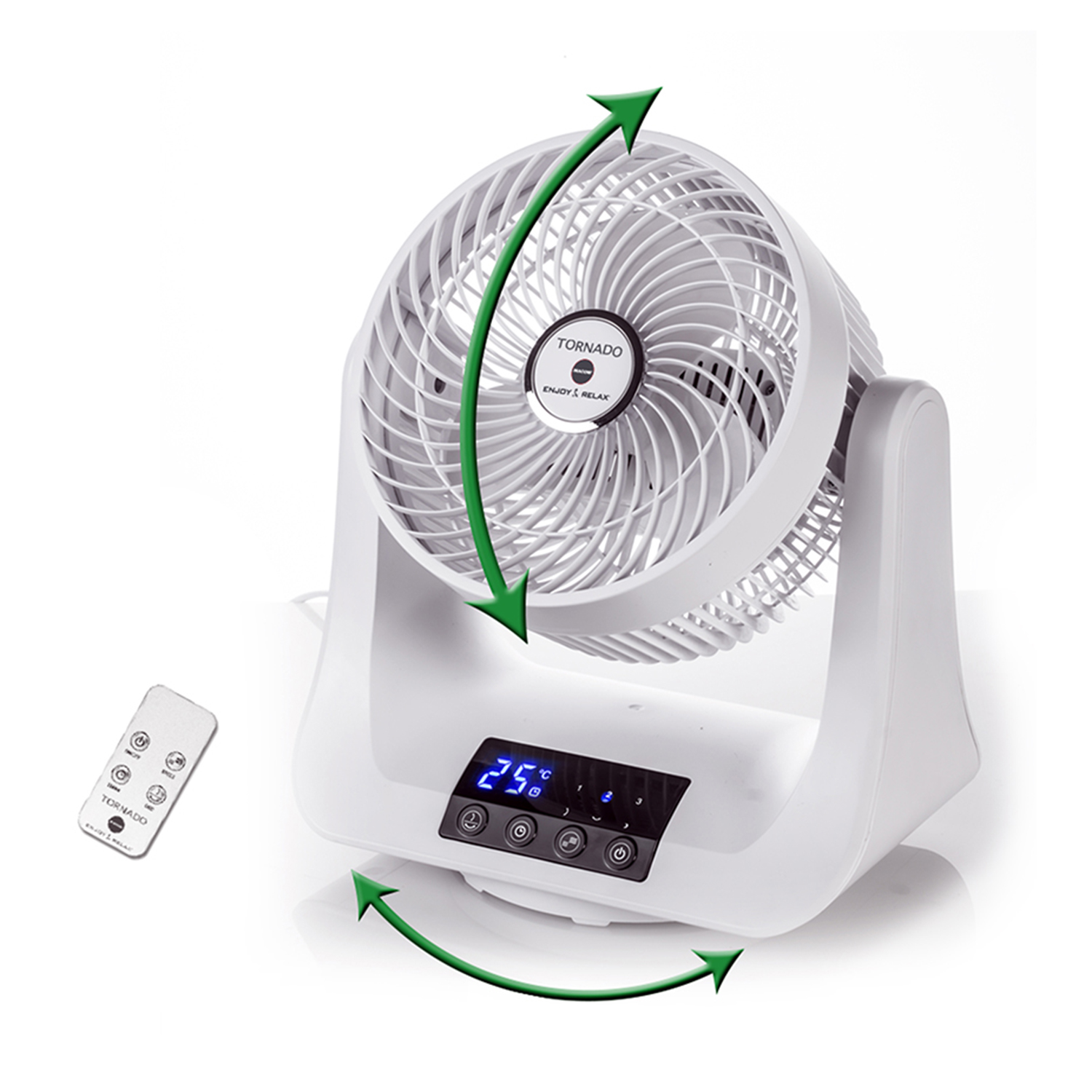 Un ventilatore bianco con un display digitale. Frecce verdi mostrano il movimento della ventola.