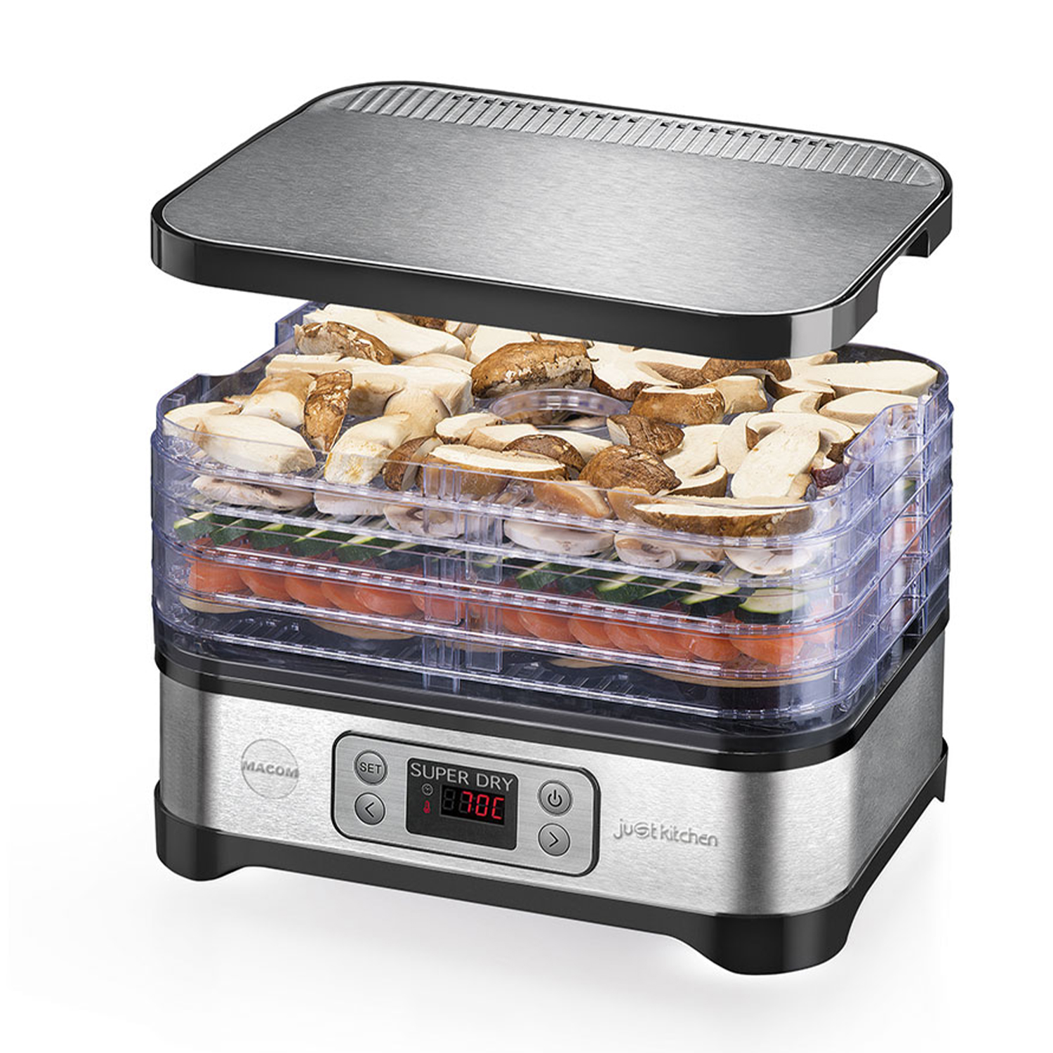 Essiccatore alimentare con coperchio aperto, riempito con funghi, zucchine e pomodori a fette. Display digitale mostra il tempo.