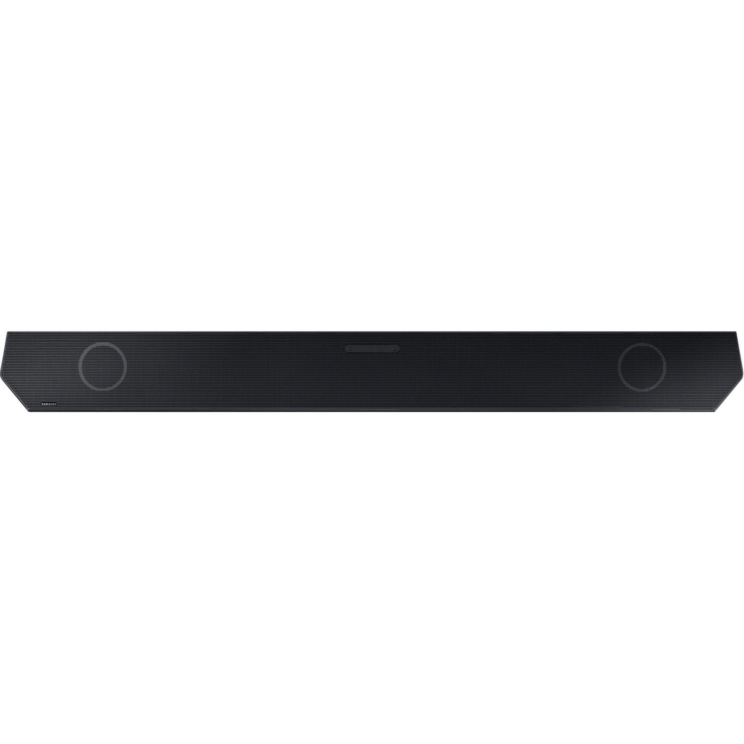 Zwarte soundbar met luidsprekers en Samsung-logo.