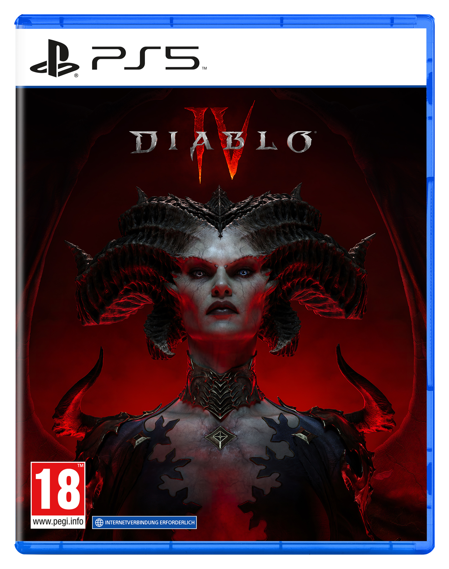 PS5-Spielhülle für Diablo IV. Das Cover zeigt einen weiblichen Dämon mit Hörnern.