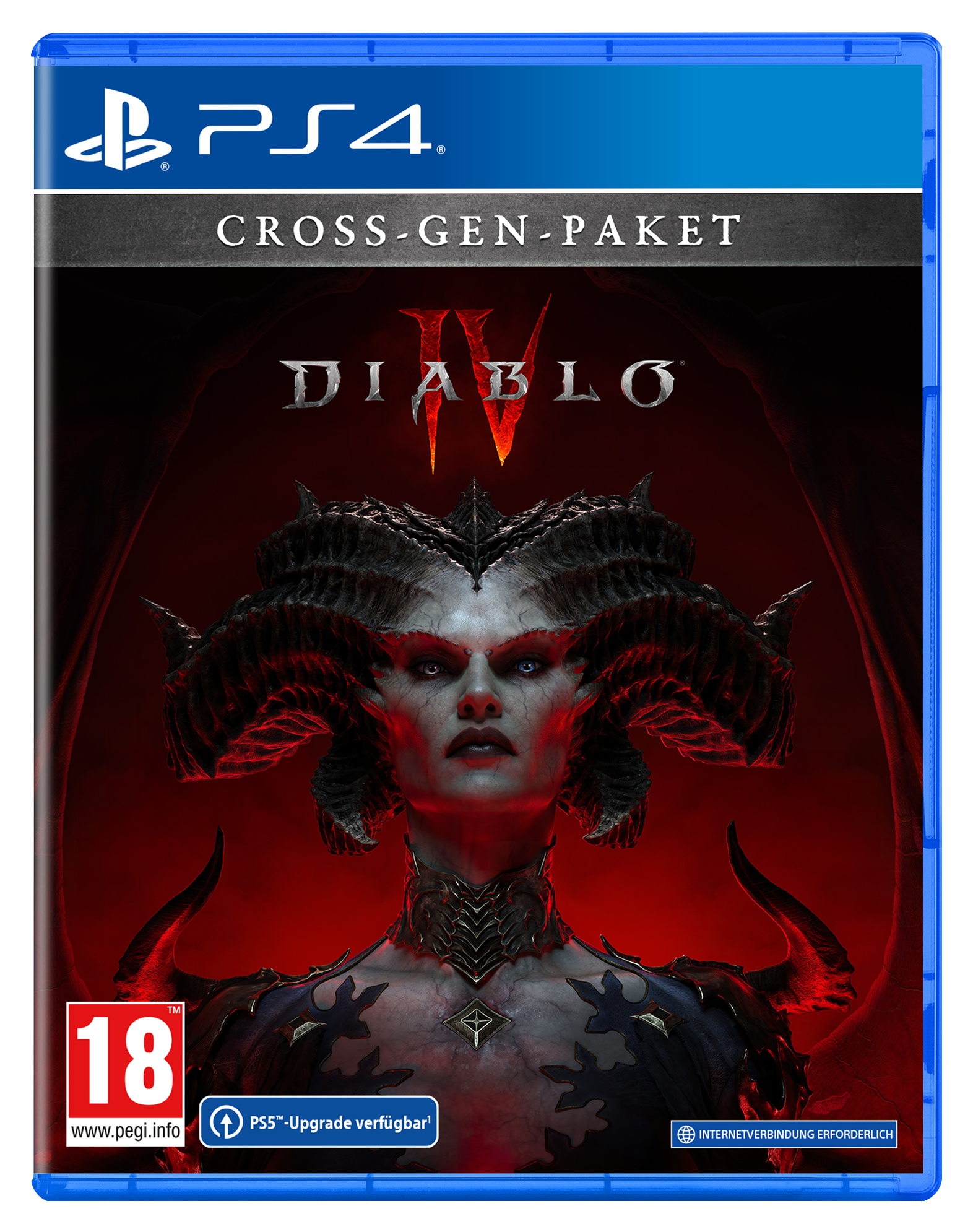 Boîte de jeu Diablo IV pour PS4. Boîte bleue avec illustration de démon.