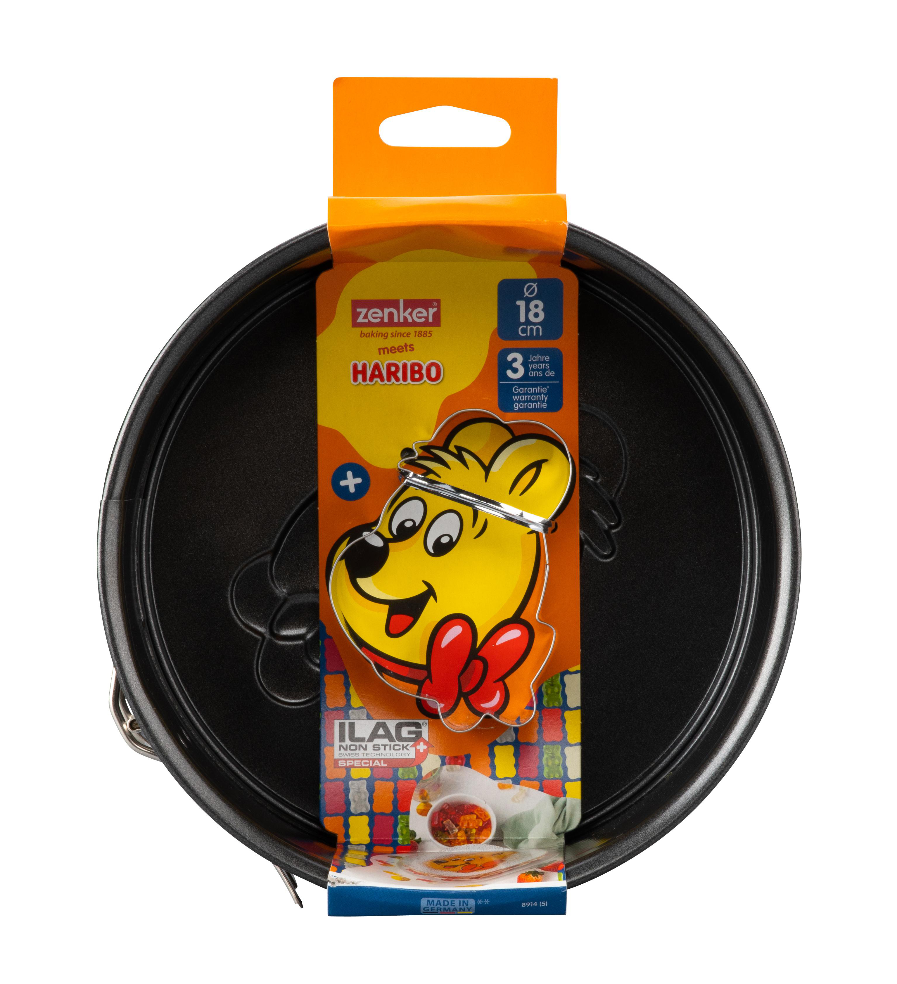 Runde Backform mit Haribo-Branding und Produktdetails auf der Verpackung.