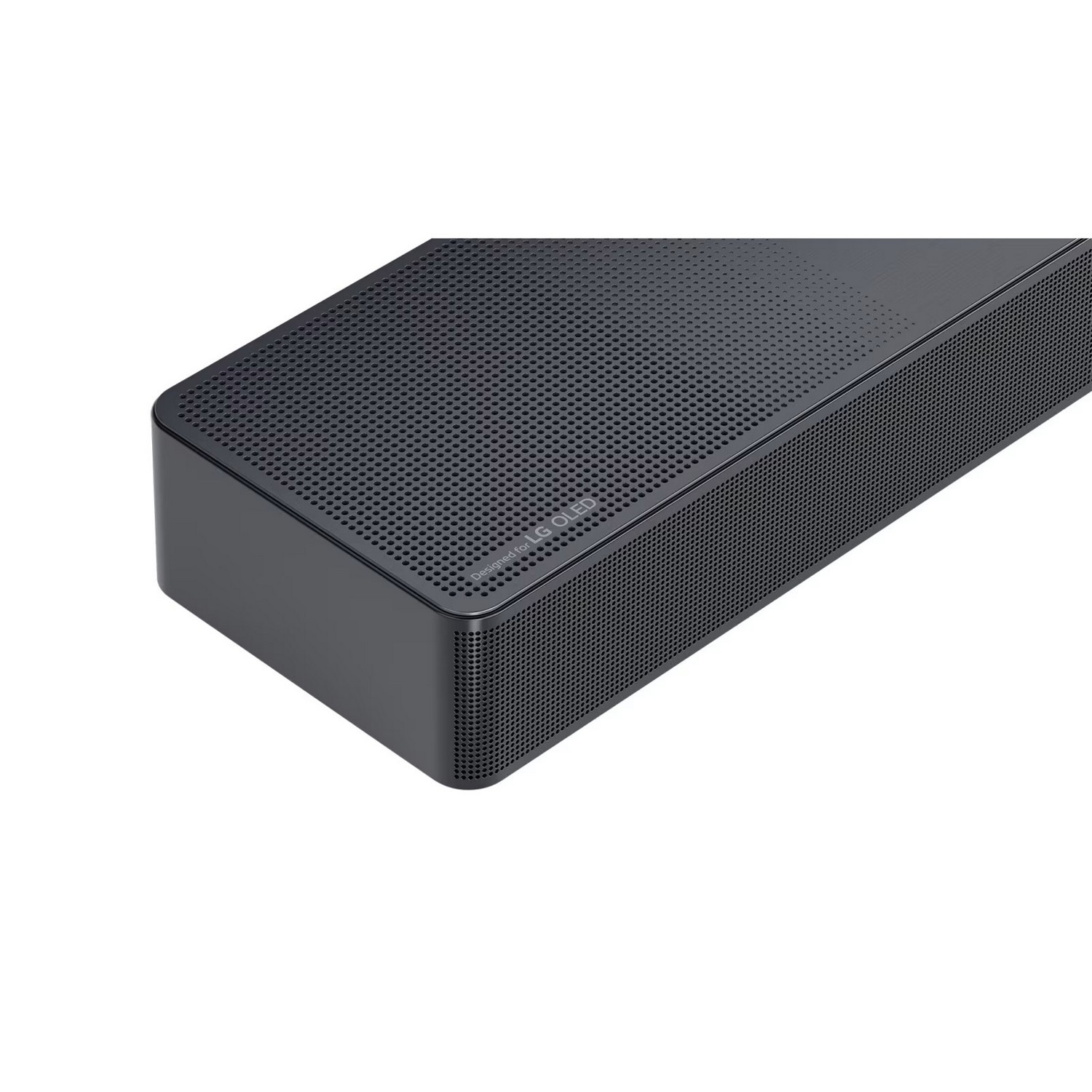 Black soundbar, close-up on an angle, on a white background.